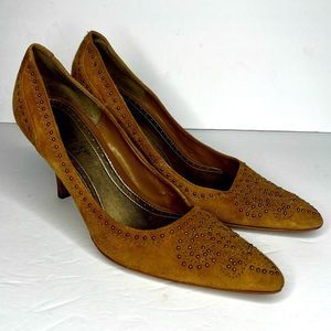 Franco Sarto Pointy Toe Studded Brown Tan Suede Leather Pump Heels Sz 7